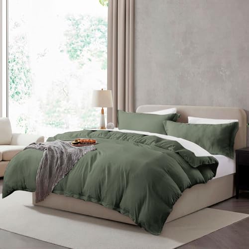 Hearth & Harbor Twin Duvet Cover Set - 2 Piece Soft Prewashed Bedding Set Twin/Twin XL - Includes 1 Duvet Cover 68x90 inches with Zipper Closure and 1 Pillow Sham, Olive Green, Comforter Not Included