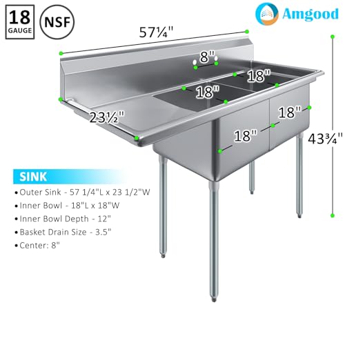 Image of AmGood Stainless Steel Prep & Utility Sink | 304 Stainless Steel | Restaurant, Kitchen, Laundry, Garage | NSF (23 in. x 57 in. | Two Bowls | Left Drainboard)