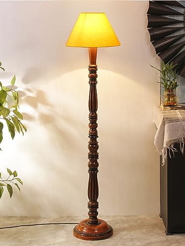 Image of Floor Lamp with Wooden Base - Height 55 inch, Yellow | Modern Standing Lamp for Living Room, Bedroom & Office | Stylish & Elegant Home Lighting Decor | Tall Decorative Lamp
