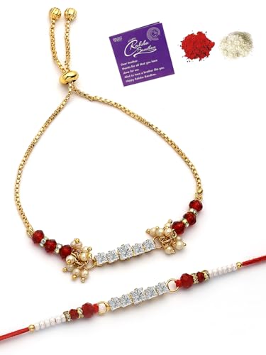Image of Sukkhi Rakhi Most Beautiful Floral with Gold Plated Rakshabandhan Combo Lumba Rakhi for Bhiaya Bhabhi Brother with Roli Chawal & Greeting Card|Set of 2