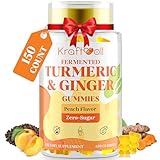5 Month Supply Turmeric and Ginger Gummies with Black Pepper, Fermented Turmeric for Joint Comfort & Mobility, Sugar-Free with Vitamin D3 + K2, Natural Peach Flavor – 150 Gummies
