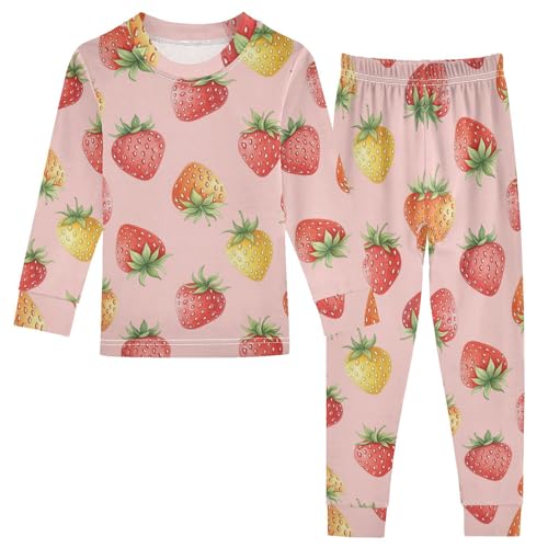 Pajama Sets Long Sleeve Strawberry Pink Background Soft Comfy Sleepwear 2 Piece PJS 3-8T