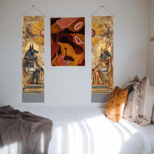 AHANDMAKER 2Pcs Ancient Egypt Mythology Tapestry Godsand Pharaohs Art Wall Hanging Decor Vertical Long Tapestry with Tassels for Bedroom Living Room Home Office Decoration, 45.7x13 Inch - 1