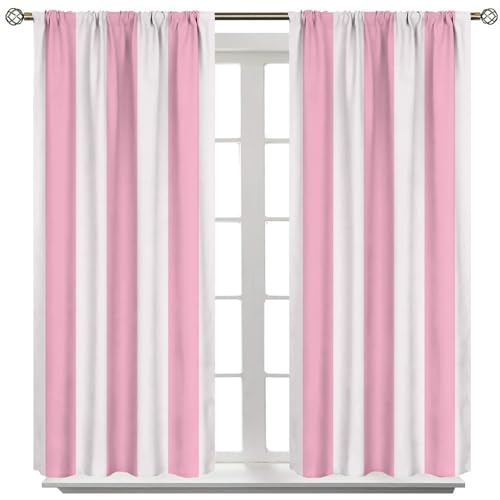 Striped Curtains, Vertical Pink White Stripe Pattern Blackout Window Treatments, Rod Pocket Thermal Insulated Drapes 2 Panels Set for Bedroom Living Room Classroom, 52" W X 84" L