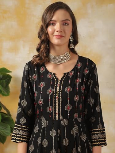 Image of rangita Black Rayon Calf Length Embroidered Anarkali Kurti for Women | Kurta for Women