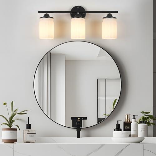 Image of Jonsi Black Bathroom Light Fixtures 3-Light Vanity Lights Modern Wall Sconce with Milk White Shade Bathroom Light Fixture Over Mirror for Bedroom Hallway Kitchen