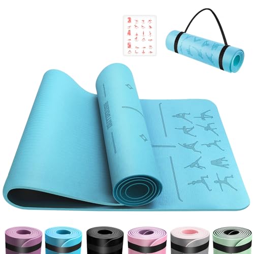 OUTDOUSE Yoga Matte, TPE Yogamatte Rutschfest Hautfreundliche Gymnastikmatte mit Ausrichtungslinien Sportmatte Dicke 6mm, Fitnessmatte Turnmatte Pilates Matte mit Tragegurt 183x61cm