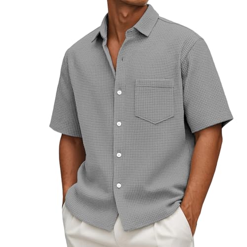 Mokaloha Mens Shirts, Men's Loose Casual Waffle Solid Color Button Short Sleeve Shirt3