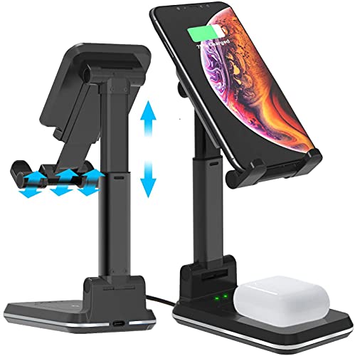 DM Wireless Phone Charger Stand for Desk, QI Fast Wireless Charging Station Desk Holder Phone Stand Compatible with iPhone 12/11/Pro/XS/Max/XR/X/8/8P, Samsung S10/S9/S8/Note10, Air Pod/Pro (Black)