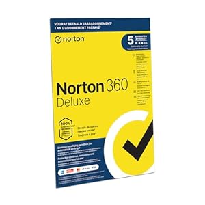 Norton 360 Deluxe 2025, antivirussoftware, internetbeveiliging, 5 Apparaten, 1 Jaar abonnement met automatische verlenging, Secure VPN en Password Manager, PCs, Macs, tablets en smartphones, envelop