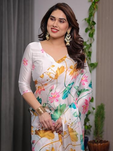 Image of ALMAARI FASHION Women's Floral Printed Georgette Satin Saree with Unstitched Blouse Piece | Traditional Ethnic Wear Sarees | Soft Lightweight Ethnic Office Wear Daily Wear Indian Sari (SG 101-110 SH)