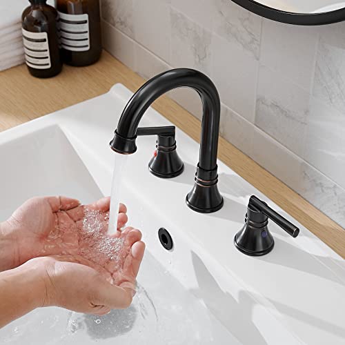 Bathlavish Oil Rubbed Bronze Bathroom Faucets For Sink 3 Hole 360 Swivel Spout 8 Inch Widespread Farmhouse Lavatory Vanity With Pop Up Drain With Overflow High Arc 2 Handle Vintage #TOP4