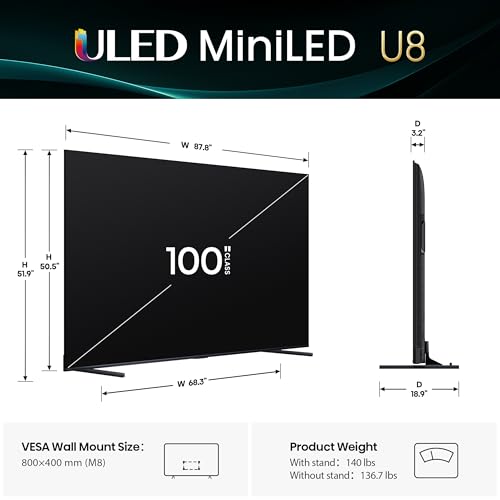 Image of Hisense 100 inch Class U8 Mini-LED ULED 4K UHD Google Smart TV (100U8QG, 2025 Model) - QLED, Native 165Hz, VRR 288, Up to 5000 Nits, HDR10+, Dolby Vision IQ . Atmos, IMAX Enhanced, 4.1.2 Ch Surround