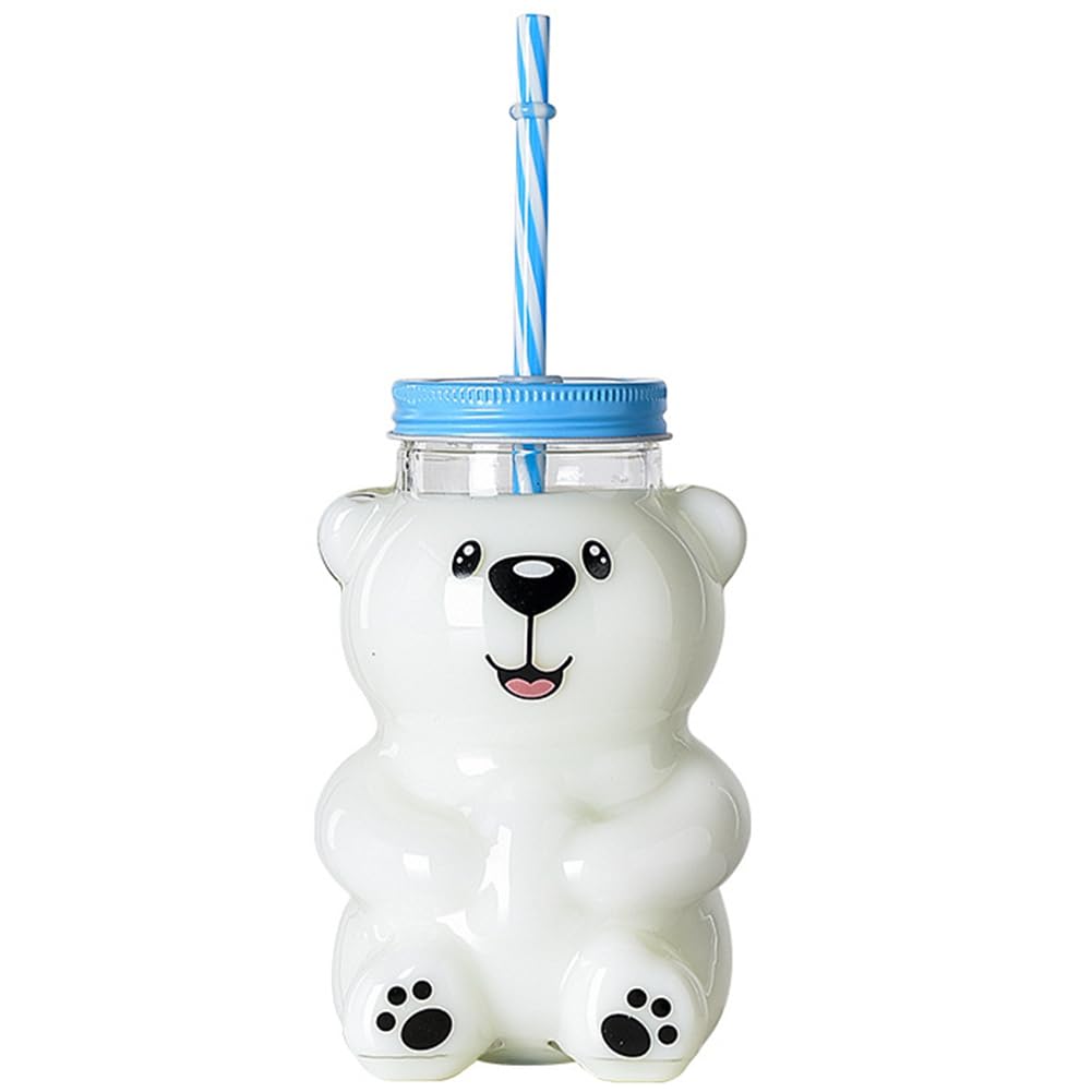 Vjsujehgy Straw Color Random Kawaii Bear Glass Sippy Cup 18.6 Oz Cute Bear Design with Lid and Straw for Beverages Smiling Bear