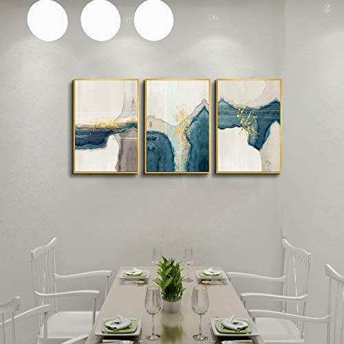 ARTLAND Turquoise Abstract Canvas Wall Decor for Living Room 3 Pieces Gold Liquid Marble Framed Wall Art Canvas Prints for Bedroom Home Decoration Ready to Hang 24x48inches