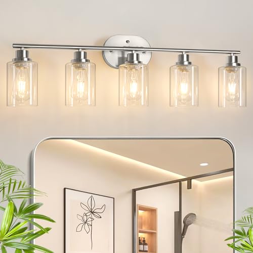 Image of Unicozin Bathroom Light Fixtures, 5 Light Vanity Lights for Bathroom, Brushed Nickel Wall Lamp with Clear Glass for Mirror, Living Room, Hallway, Cabinet, E26 Base
