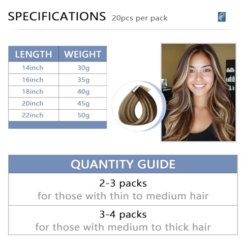 Image of COOKAYU Invisible Tape in Extensions Human Hair, Medium Brown to Caramel Blonde 20Inch 45g 20pcs Injected Tape in Human Hair Straight Invisi Edge Extension
