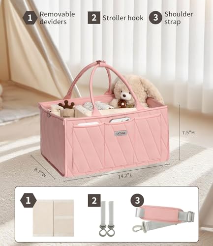 VKSAO Pink Diaper Caddy Organizer – Portable Storage Basket with Shoulder Strap & Stroller Hooks, Splashproof Quilted Nursery & Car Tote for Baby Girl Shower Gift, Baby Registry, Blush Pink — view 5