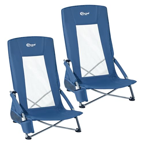 Portal Juego de 2 sillas de playa de respaldo alto, ligeras, bajas, portátiles, para adultos, asiento de playa, festival, picnic, mochila, tumbona plegable al aire libre, con portavasos de malla
