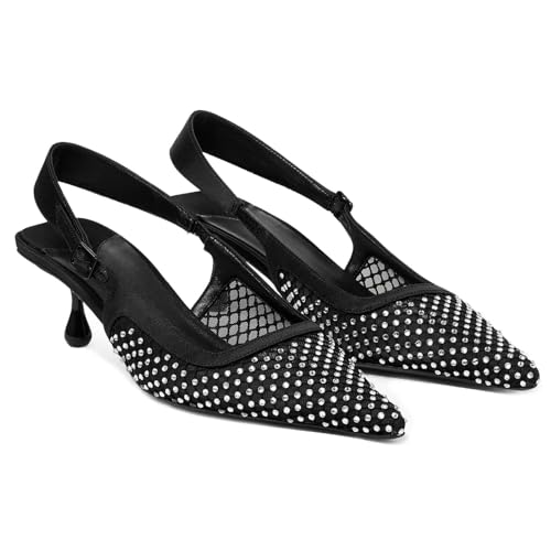Goolita Sparkly Crystal Kitten Heels For Women, Mesh Closed Pointed Toe Slingback Heels With Buckle Party Evening Dress Pumps Shoes2