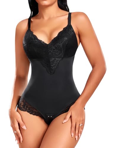 Niwicee Body Moldeador Mujer Tanga Fajas Reductoras Encaje con Cuello en V Shapewear Control de Abdomen Bodysuit Body Shaper Reductor Invisible Posparto(Negro,S)