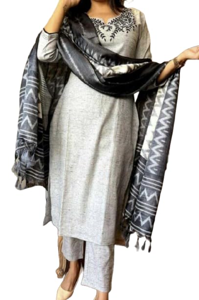 Image of Leaf Embroidered 3 /4 Sleeve Cotton Kurti Pant Set with Dupatta for Women