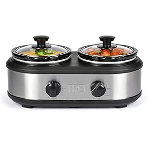 TRU Double Slow Cooker by Select Brands – Double Buffet Server for Parties, Holidays & Gatherings – Double Slow Cooker Buffet Server – 2 Inserts, Each 1 1/4 Quarts