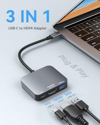 Image of vilcome USB C to HDMI Adapter【4K@60HZ】, HDMI to USB C Adapter Multiport with USB Type C PD & USB 3.0 Port, Compatible for MacBook Pro /Air, iPad Pro /Air, Dell XPS, iPhone 15 Pro /Max, Android (Gray)