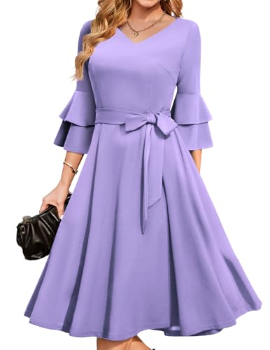 Image of DRESSTELLS Women's Cocktail Dress Summer Wedding Guest Party Vintage 3 /4 Bell Sleeve V Neck A-Line Dress