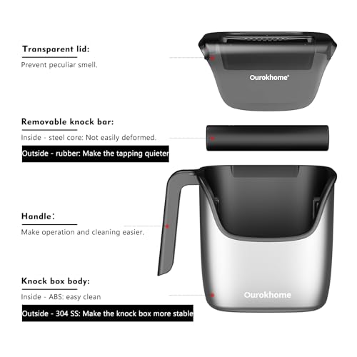 Ourokhome Knock Box Espresso Accessories, The Latest Patented Stainless Steel Espresso Machine Tool for Coffee Ground with Removable Knock Bar, Handle and Lid, Dishwasher safe, 4.8 inch