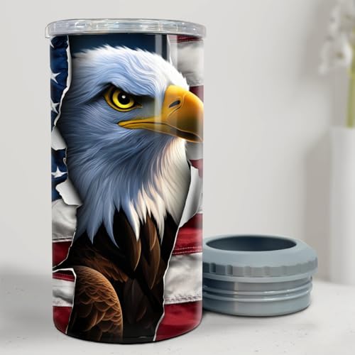 Image of SANDJEST Eagle Tumbler American Flag 4 in 1 12oz Can Cooler Coozie Skinny Stainless Steel Tumbler Gift for Men Dad Father Travel Veteran Day 4th of July