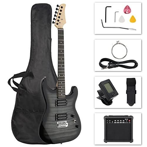 Ktaxon 39 Inch Electric Guitar Kit, 6 String H-H Pickups Tiger Stripe Beginner Electric Guitar Set with 20W Amplifier, Tuner, Bag, Strap, Cable, Accessories for Adults & Teens (Black)