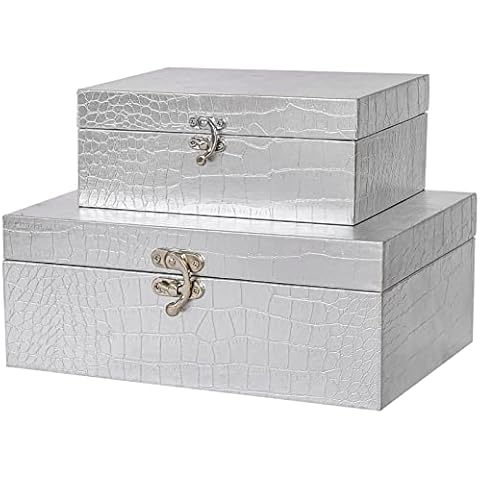 JUMBO HUMBLE Set of 2 Wooden Decorative Nesting Storage Boxes, Silver Crocodile Leather with Clasp for Home Kitchen Living Room, Ideal Gift for Wedding Memories Jewelry Trinket Cover