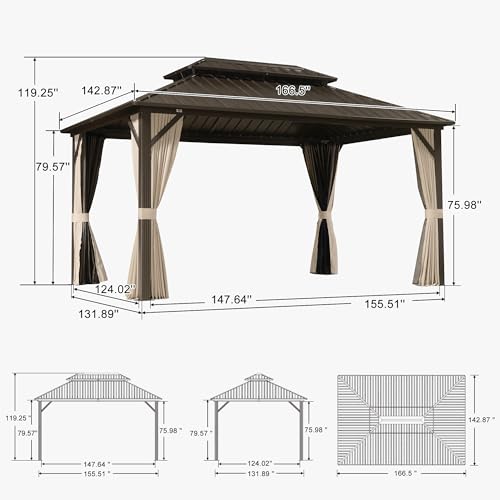 PURPLE LEAF 12’ X 14’ Outdoor Hardtop Gazebo Metal Frame Galvanized Steel Double Roof with Curtains and Nettings for Patio Desk Backyard Bronze - Image 9