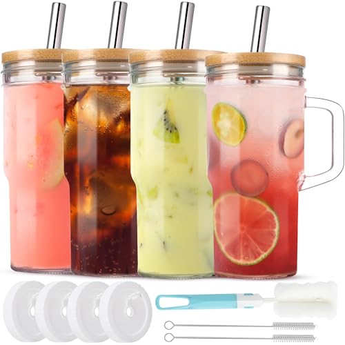 Qumuauu Glass Cup with Bamboo Lids and Straws, 4Pcs 24oz Tumbler with Handle, Mason Jar with Wide Mouth Iced Coffee Cup Reusable Drinking Glasses Travel Mug for Smoothie Beer Juice Tea