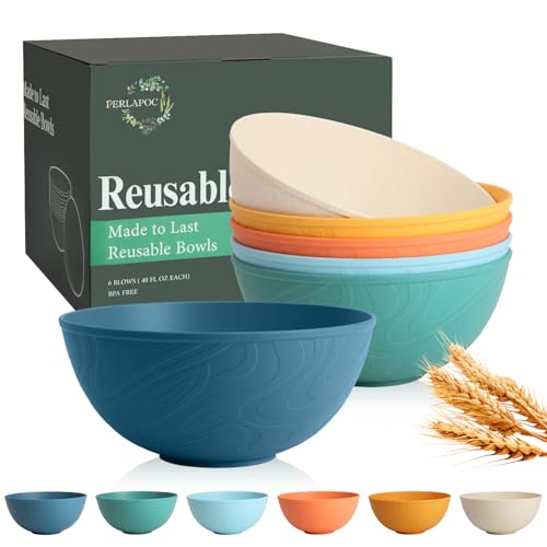 Perlapoc Unbreakable Large Cereal Bowls 40 OZ Wheat Straw Bowls Set of 6 Alternative Plastic Bowls for Kitchen Outdoors Microwave & Dishwasher Safe Bowl Set for Salad Cereal Soup Ramen Multi