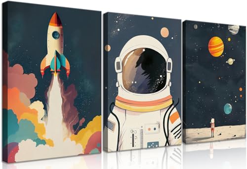 Image of 3Pcs Astronaut Wall art Nursery Space Adventure Posters Prints Rocketship Wall Decor Explore Dream Galaxy Canvas Prints Funny Planet Painting for Boys Girls Kids Bedroom Living Framed
