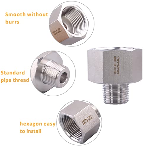 Image of Forged Reducer Adapter Fitting - Stainless Steel 304 Reducing Pipe Connector, 1 inch NPT Female x 1 /2 inch NPT Male (pack of 2)