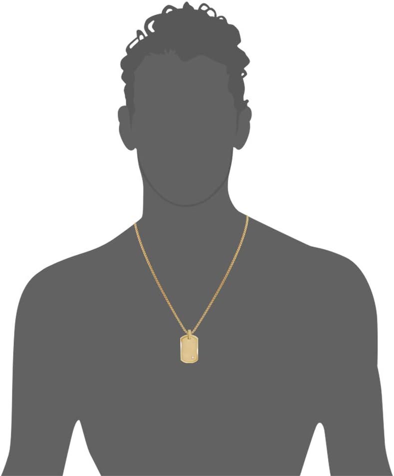 Geoffrey Beene Stainless Steel Men's Engravable Dog Tag Pendant Box Chain Necklace with Cubic Zirconia Stone