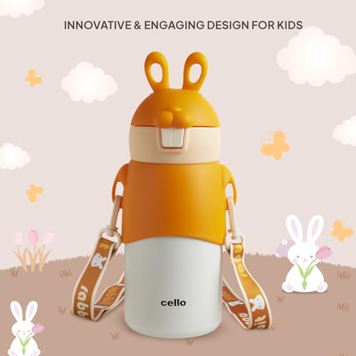 Image of Cello Bunny Kids Stainless Steel Flask 500ml, Orange | Double Walled Vacuum Insulated Technology | One Click Push Button to Open | Ideal for School, Sports, Picnics