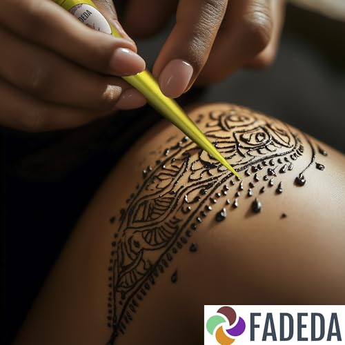 4x FADEDA Henna Kegel | 4x 25g natürliche Paste | 2x Schwarz, 1x Natur-Braun, 1x Kastanien-Braun | 8 verschiedene Sticker-Schablonen | 100 % pflanzlich | gebrauchsfertig & ohne PPD