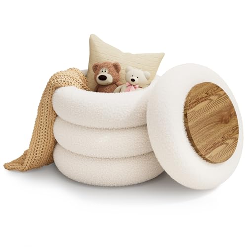 FervorFurn Soft Teddy Round Ottoman with Tray 17.5 Inches Ottoman Coffee Table with Storage for Living Room Vanity Stool with Storage Bedroom Load up to 300 lb No Assembly Required (White)