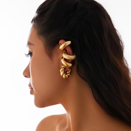 KISS WIFE 4 Pcs Chunky Ear Cuffs Non Piercing for Women, 14K Gold Plated Clip On Cartilage Hoop Earrings Jewelry Gifts2