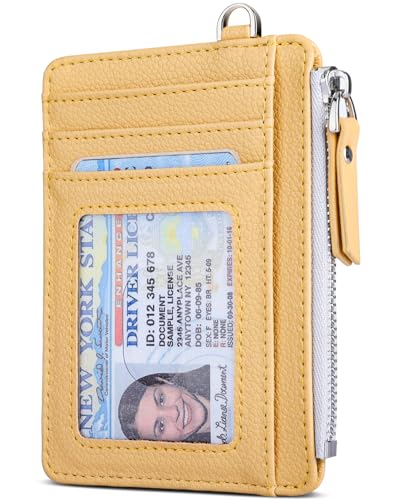Image of Teskyer Slim RFID Wallet for Women, Small Card Holder with Zip Pocket, Yellow, 3.5 inch x 4.7 inch, Minimalist | Zip Pocket for Cash Coin, 1 ID Window & 7 Card Slots, Ultra Slim Design, D-Ring for Neck Lanyard, for Daily Carry and Travel