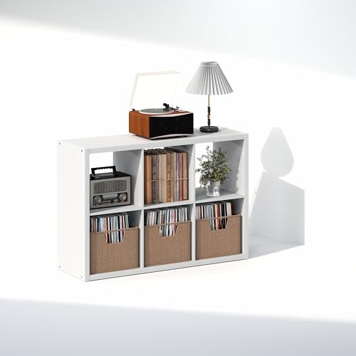 Image of Furinno Cubicle Record Player Stand, 6-Cube Vinyl Record Storage, White | Vinyl Storage, 1.2 inchInch Extra Thick, Open Back Media Shelf for CD DVD Bluray Game Disc, for Living Room, Home Office