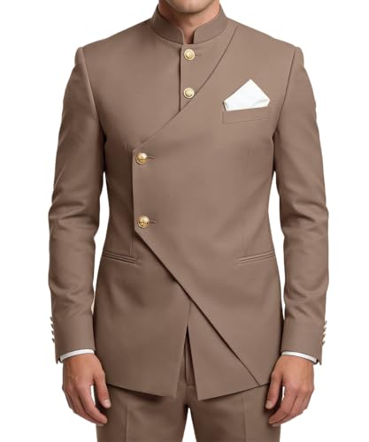 Wrycay Chinese Tunic Suit for Men 2 Piece Slim Fit Suit,Champagne,2XL
