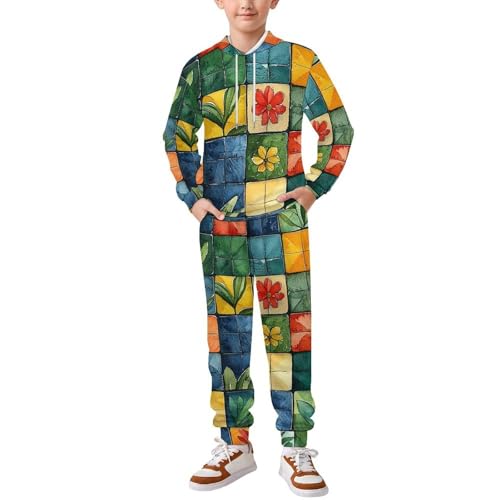 Boys Girls Pullover Hoodie and Pants Outfit 2PCS Set Sweatshirt for Kids, Brazilian Patterns Watercolor
