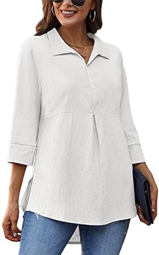 Zongqiven Women’s Summer Elegant Collared Tunics 3/4 Sleeve Pleated Split Blouse Tops Flowy Solid Shirts