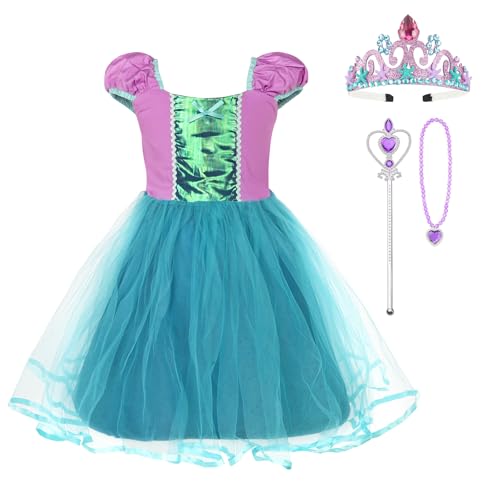 BSBUY Disfraz Sirenita Princesa, Set de 5 Vestidos Princesa de Sirena, con Aro Para el Cabello y Varita Mágica, Disfraz de Halloween Cosplay Cumpleaños Carnaval Fiesta Ropa Casual