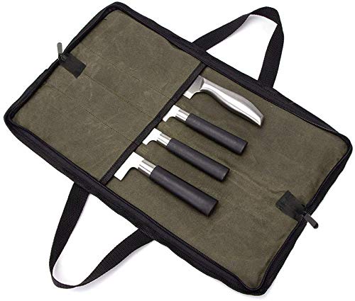 Ruibo Chef’s Knife Roll Bag, Waxed Canvas Knife Carrying Case With Durable Handles, Portable Knife Roll Case For Working,4 Slots